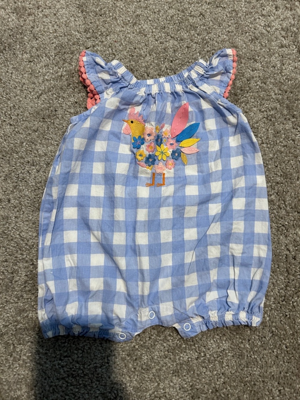Mud Pie Blue and White Check Floral Bird Baby One-Piece
